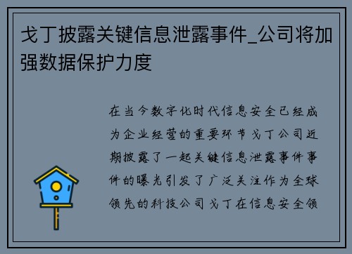 戈丁披露关键信息泄露事件_公司将加强数据保护力度